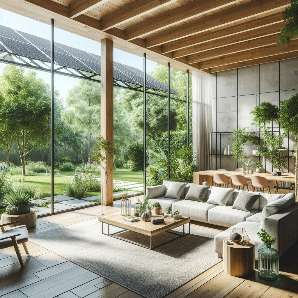 Image of eco-friendly interior design featuring sustainable materials, plants, and natural lighting, creating a harmonious and environmentally conscious living space